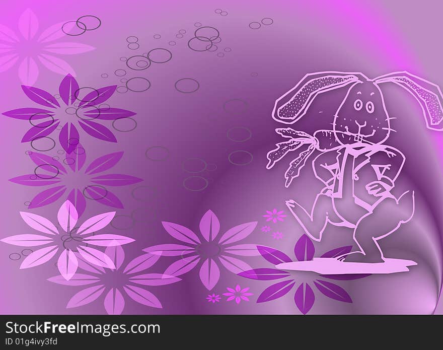 Illustration for Easter with a dancing bunny and flowers on colourful background. Illustration for Easter with a dancing bunny and flowers on colourful background