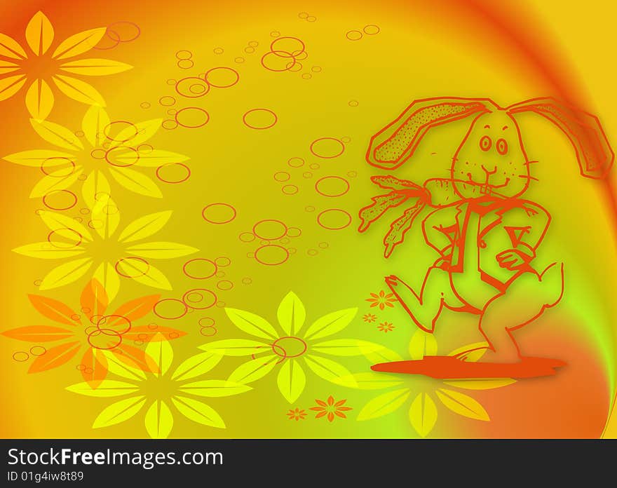 Illustration for Easter with a dancing bunny and flowers on colourful background. Illustration for Easter with a dancing bunny and flowers on colourful background