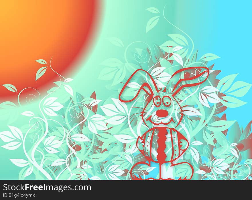 Illustration for Easter with a bunny and flowers on colourful background. Illustration for Easter with a bunny and flowers on colourful background