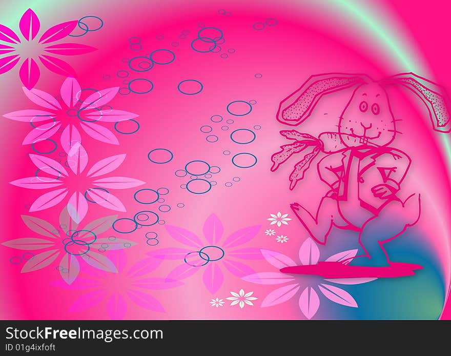 Illustration for Easter with a dancing bunny and flowers on colourful background. Illustration for Easter with a dancing bunny and flowers on colourful background