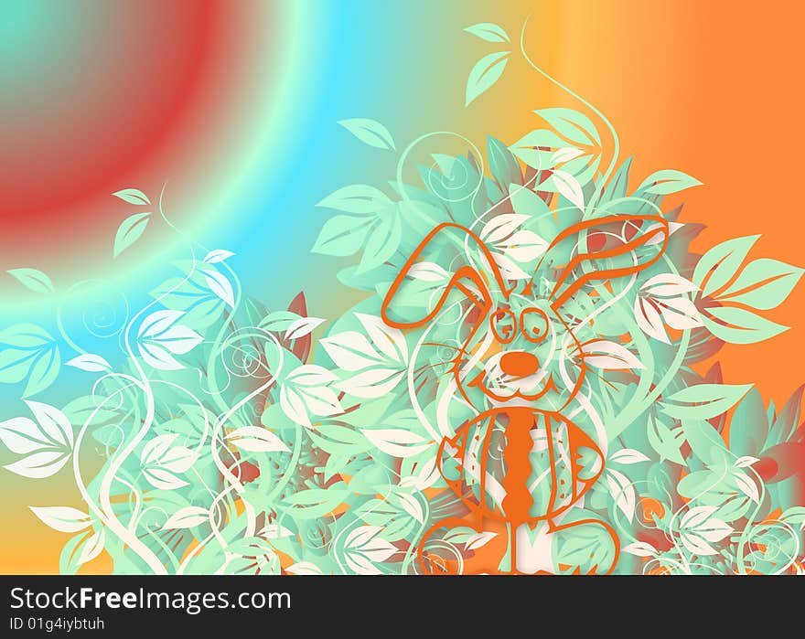 Illustration for Easter with a bunny and flowers on colourful background. Illustration for Easter with a bunny and flowers on colourful background