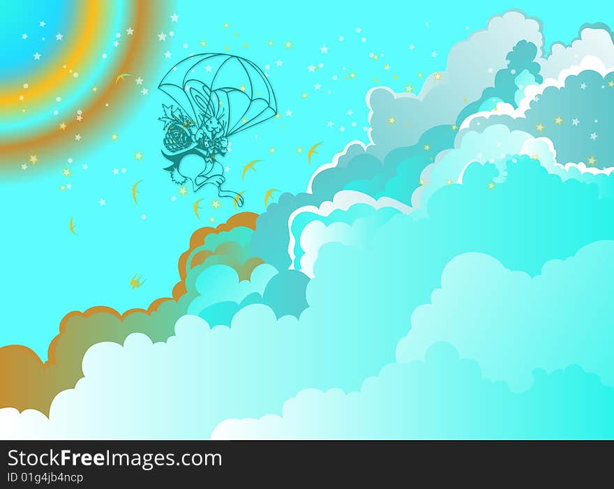 Illustration for Easter with a bunny skydiving surrounded with gorgeous clouds. Illustration for Easter with a bunny skydiving surrounded with gorgeous clouds