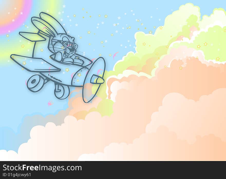 Illustration for Easter with a bunny flying high in the sky on a plane surrounded with gorgeous clouds. Illustration for Easter with a bunny flying high in the sky on a plane surrounded with gorgeous clouds