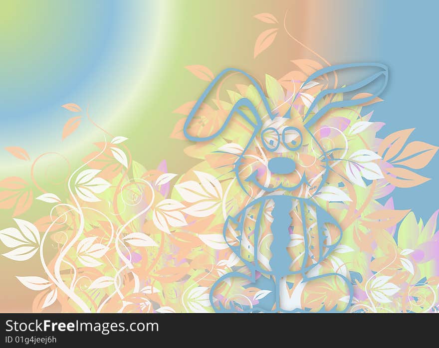 Illustration for Easter with a bunny and flowers on colourful background. Illustration for Easter with a bunny and flowers on colourful background