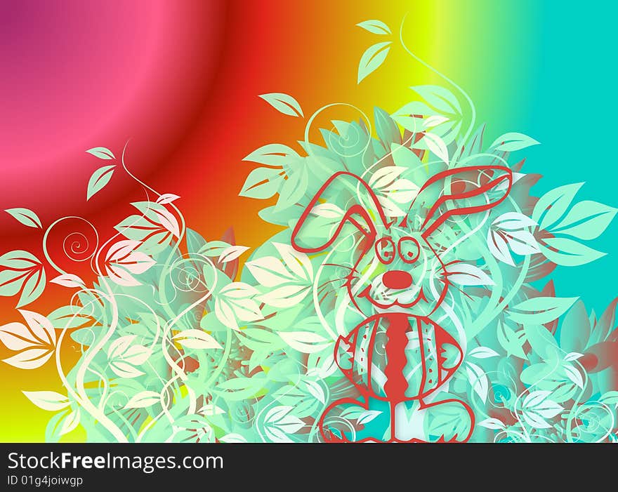 Illustration for Easter with a bunny and flowers on colourful background. Illustration for Easter with a bunny and flowers on colourful background