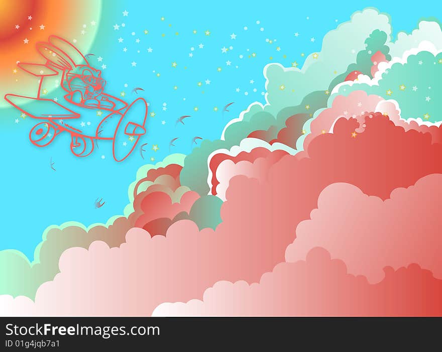 Illustration for Easter with a bunny flying high in the sky on a plane surrounded with gorgeous clouds. Illustration for Easter with a bunny flying high in the sky on a plane surrounded with gorgeous clouds