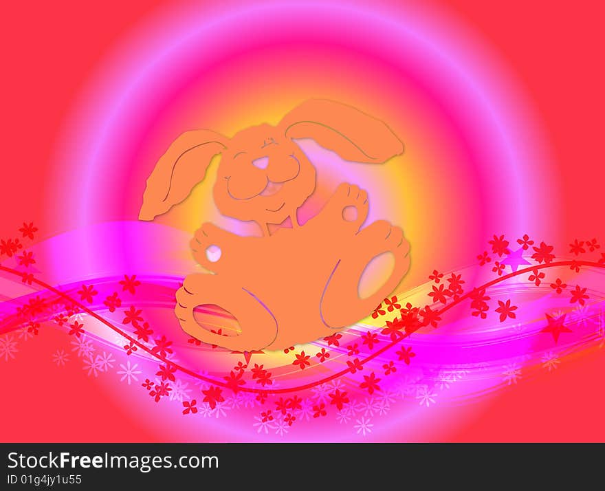 Illustration for Easter with a happy bunny and flowers on colourful background. Illustration for Easter with a happy bunny and flowers on colourful background