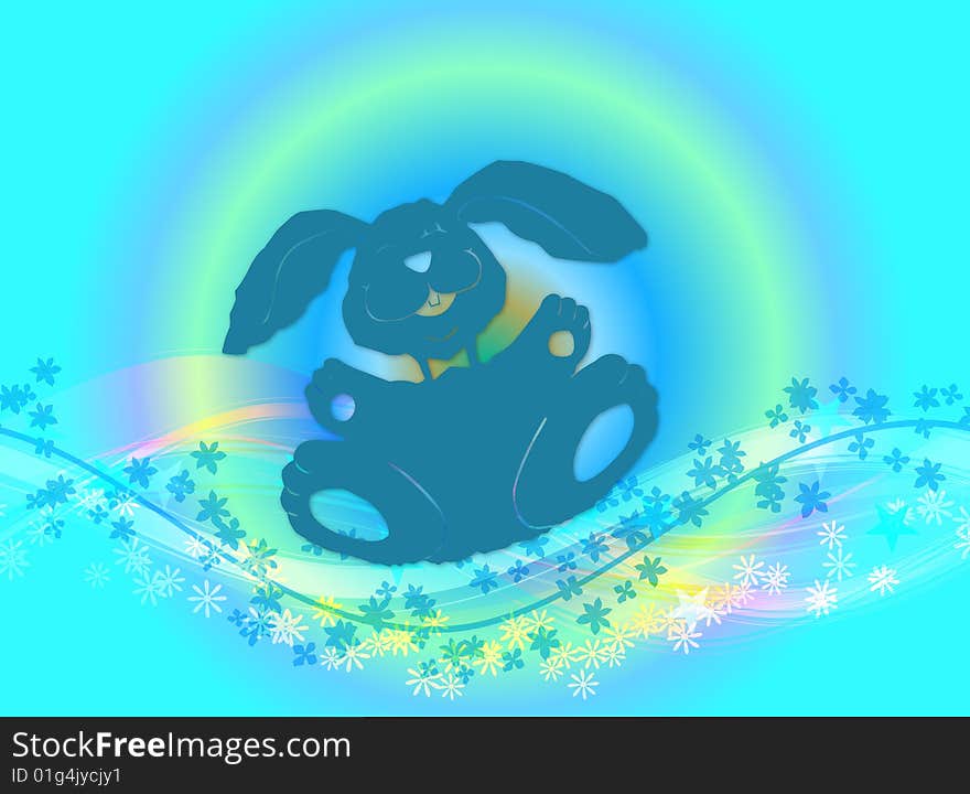 Illustration for Easter with a happy bunny and flowers on colourful background. Illustration for Easter with a happy bunny and flowers on colourful background