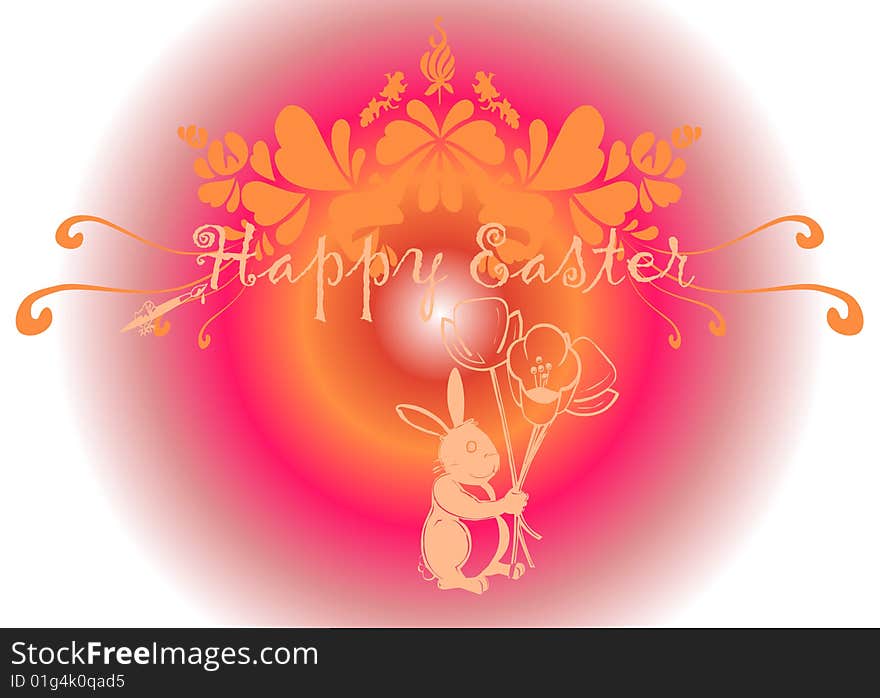 Happy easter illustration with a bunny and flowers on colorful background. Happy easter illustration with a bunny and flowers on colorful background