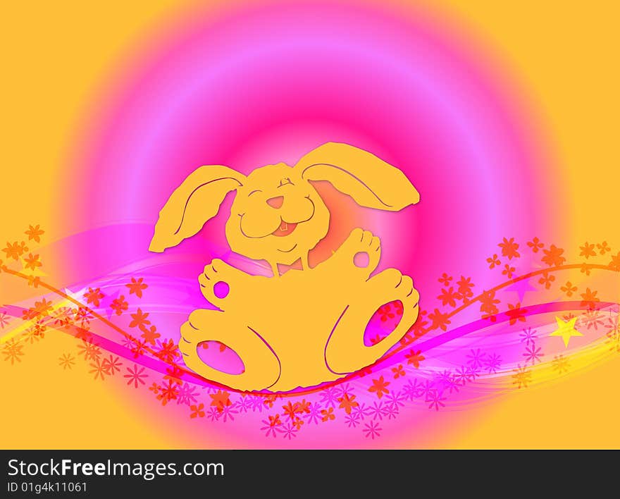 Illustration for Easter with a happy bunny and flowers on colourful background. Illustration for Easter with a happy bunny and flowers on colourful background