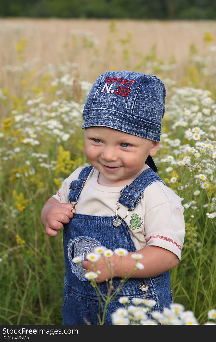 The little boy works as photomodel on a meadow with camomiles. The little boy works as photomodel on a meadow with camomiles