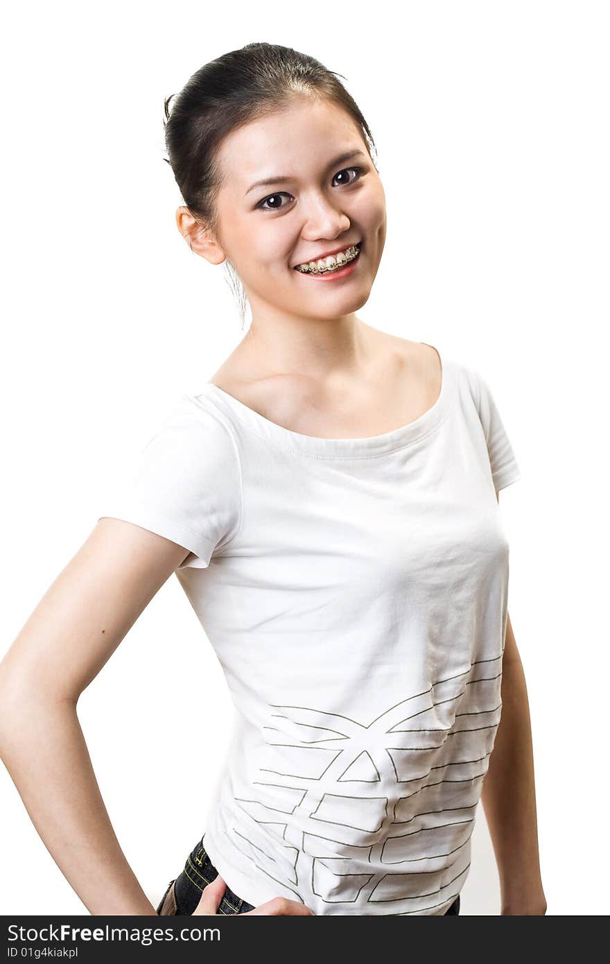 Happy smiling asian young woman with braces. Happy smiling asian young woman with braces