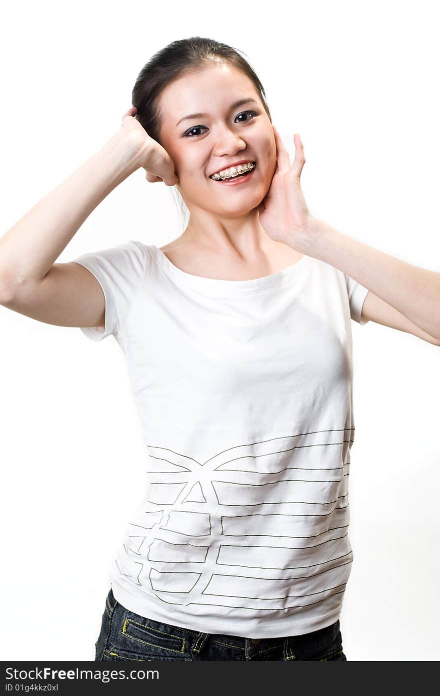 Happy smiling asian young woman with braces. Happy smiling asian young woman with braces