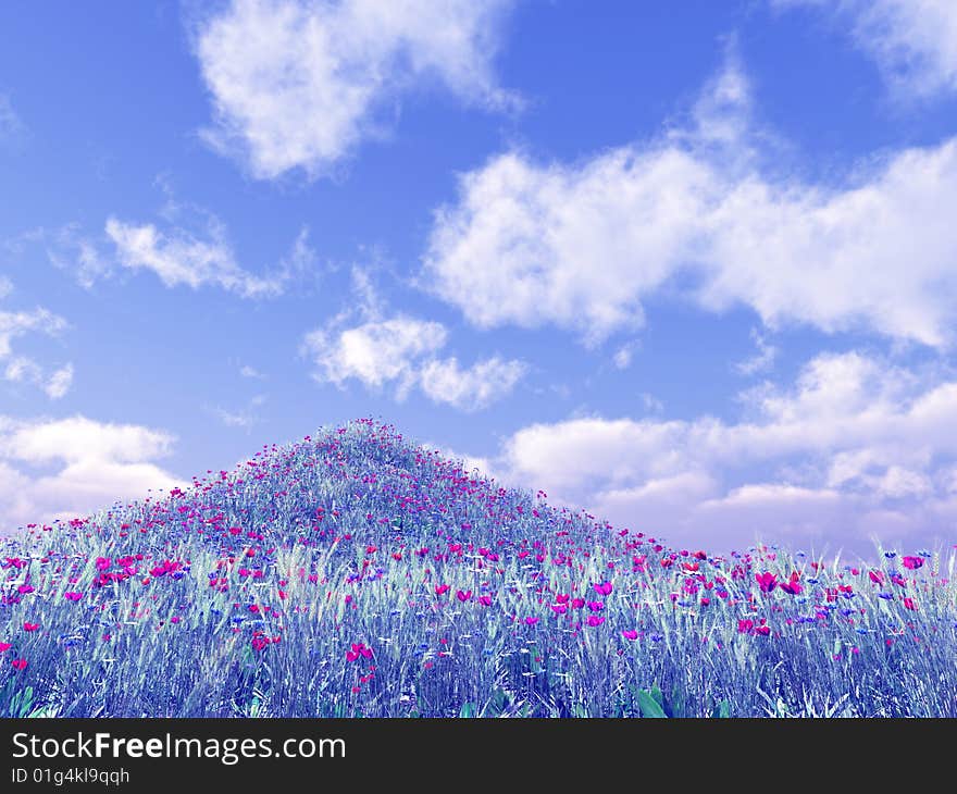 Beautiful field of flowers. 3d image. Beautiful field of flowers. 3d image