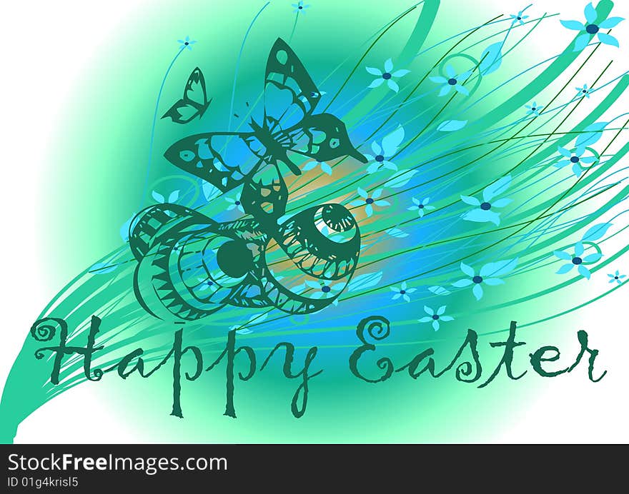 Happy Easter Illustration with a bunny and flowers on colorful background. Happy Easter Illustration with a bunny and flowers on colorful background