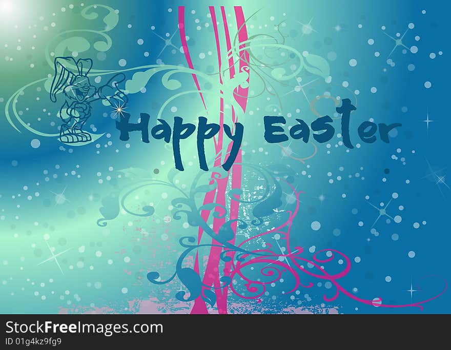 Happy Easter Illustration with a bunny and flowers on colorful background. Happy Easter Illustration with a bunny and flowers on colorful background