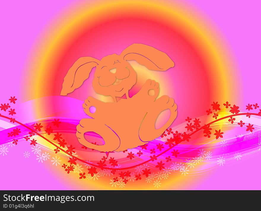 Illustration for Easter with a happy bunny and flowers on colourful background. Illustration for Easter with a happy bunny and flowers on colourful background