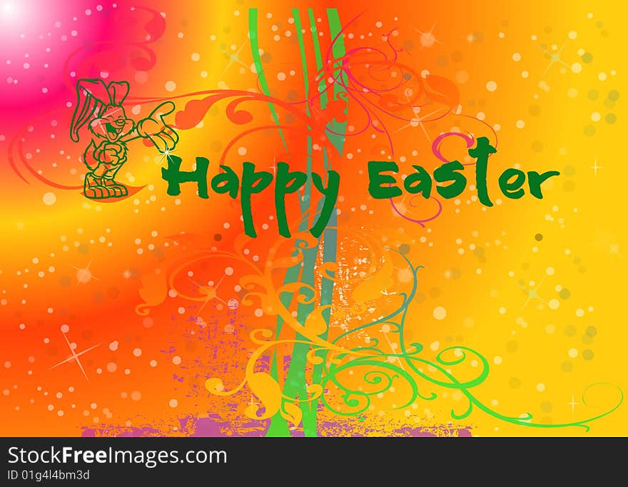 Happy Easter Illustration with a bunny and flowers on colorful background. Happy Easter Illustration with a bunny and flowers on colorful background