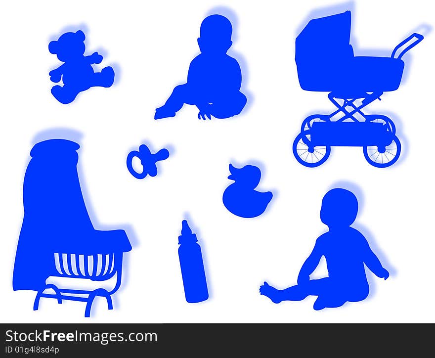 Baby silhouettes with baby objects and game silhouettes. Baby silhouettes with baby objects and game silhouettes