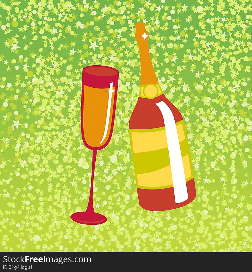 Vector illustration of wine bottle and  glass on the red background, decorated with beautiful stars.