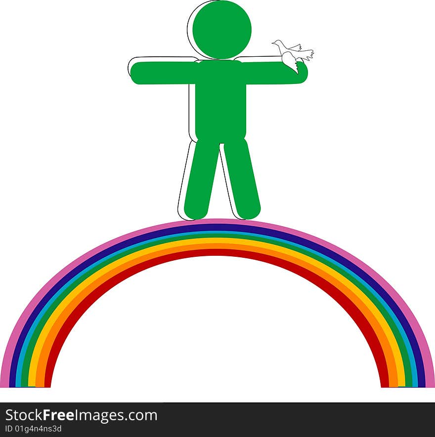 Persons stand on rainbow with dove on hand. Persons stand on rainbow with dove on hand