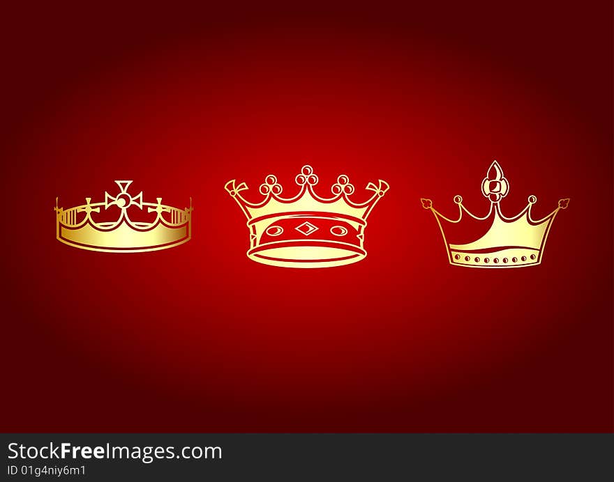 Vector illustration of beautifull crowns set on the red background.