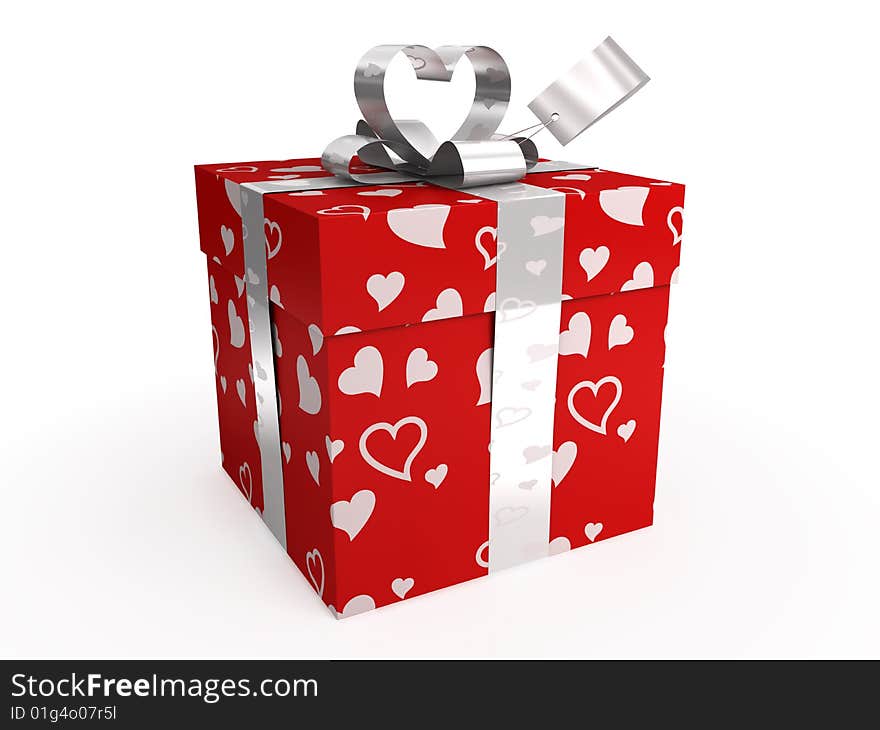 Red gift box with hearts, bow and tag, isolated on white