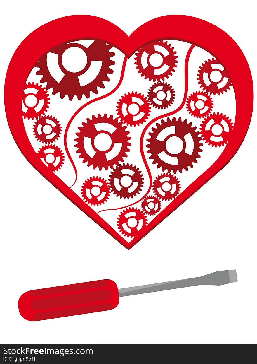 Heart with the mechanism from gears inside with a screw-driver for repair in a vector