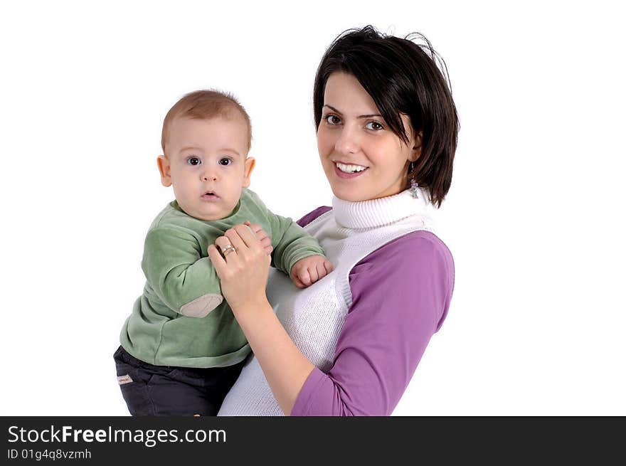 Mom and little baby boy over white background