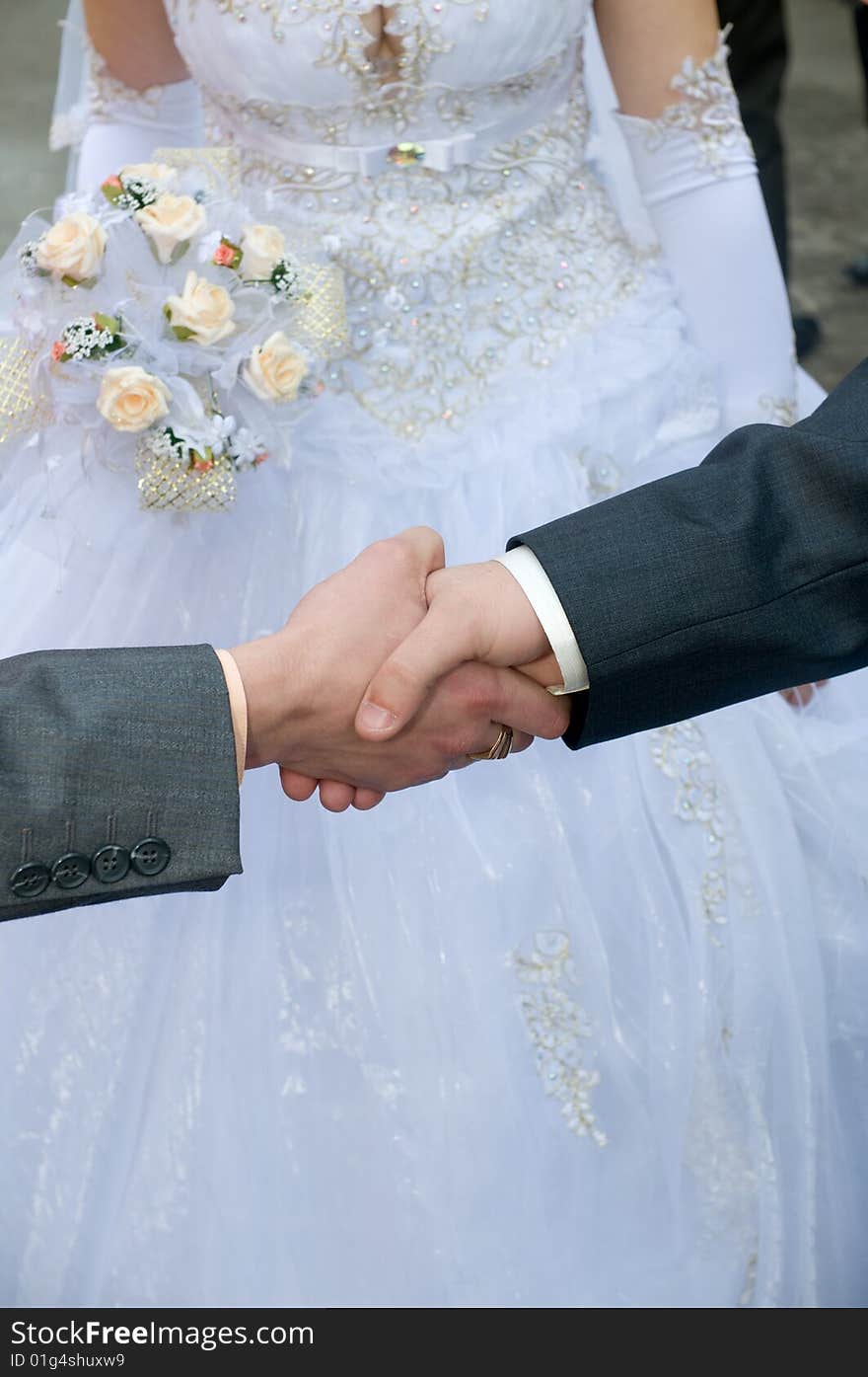 Man's hand shake against a bridal outfit - a congratulation on a holiday. Man's hand shake against a bridal outfit - a congratulation on a holiday.