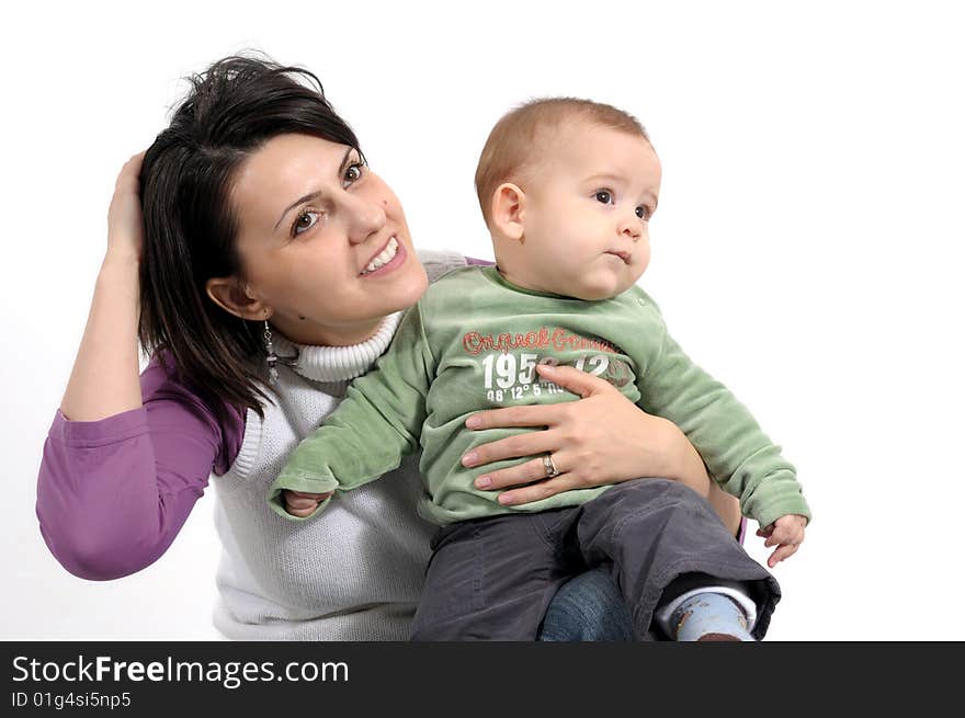 Mom and little baby boy over white background