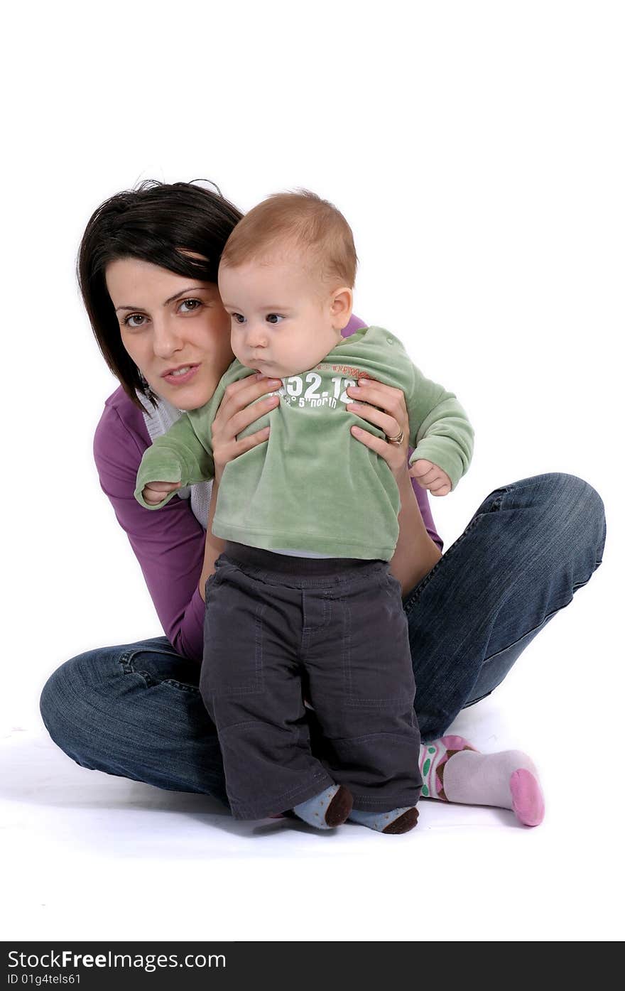 Mom and little baby boy over white background