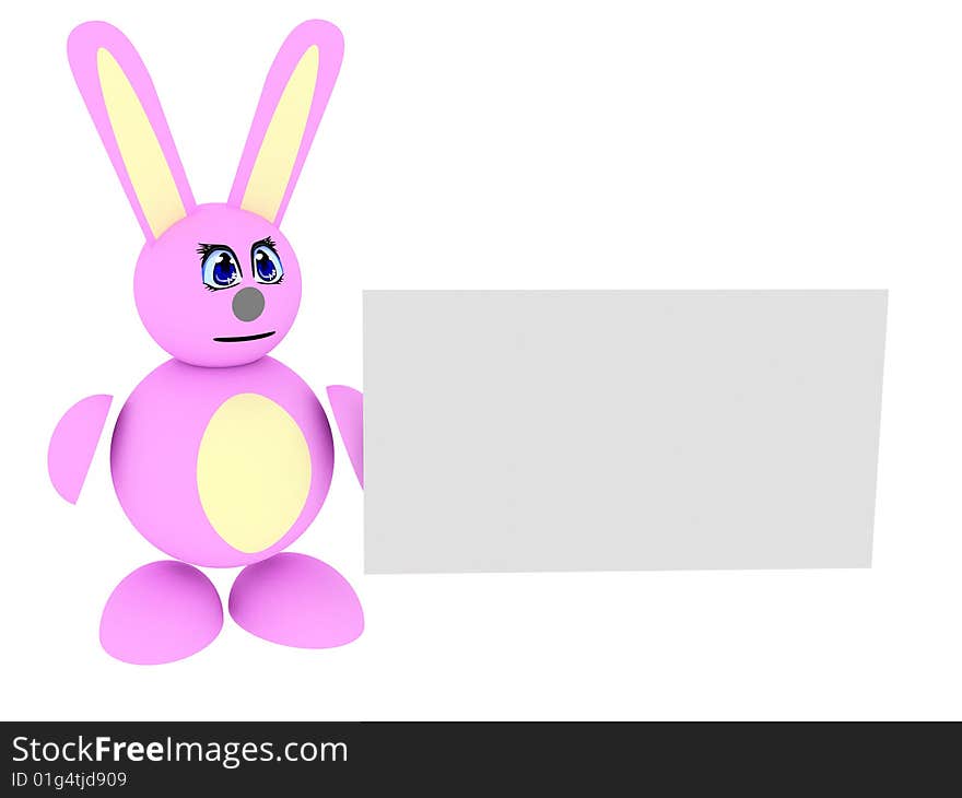 3d render of pink bunny with blank card. Isolated on white background.