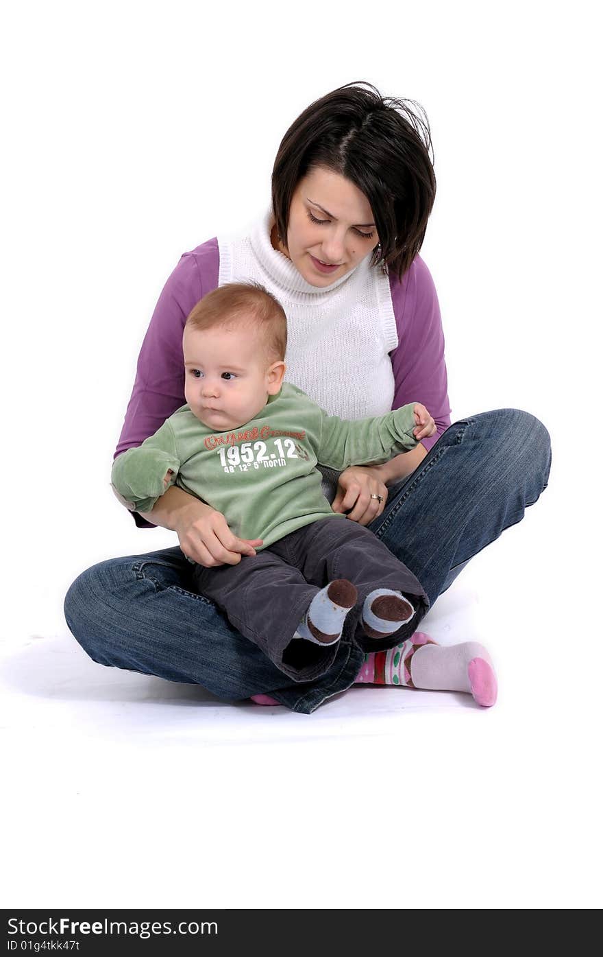 Mom and little baby boy over white background