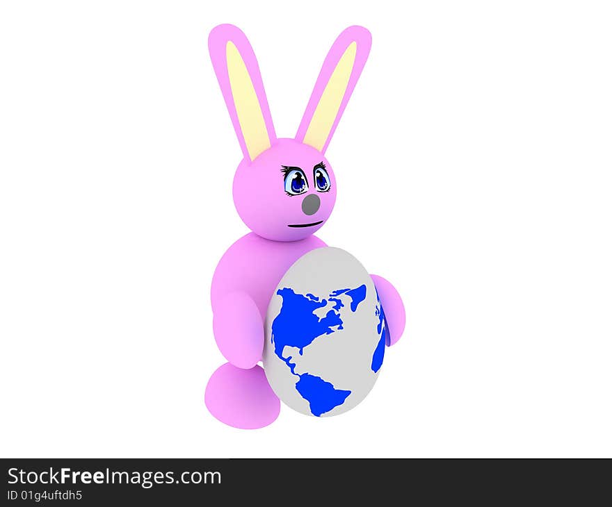 3d render of pink bunny with an earth-textured egg. Isolated on white background.