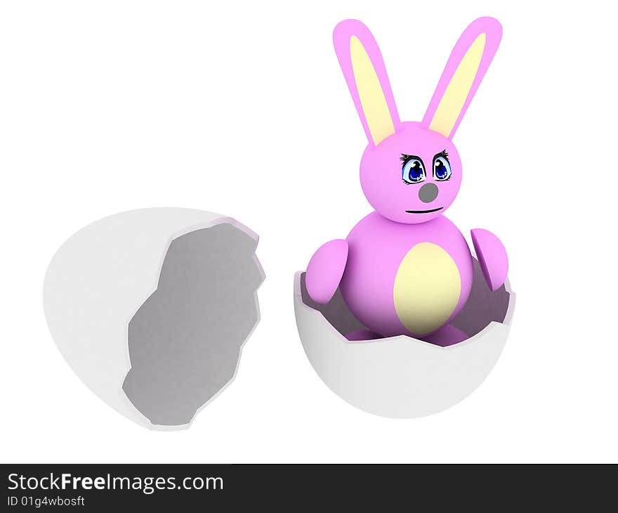 3d render of pink bunny in egg. Isolated on white background.