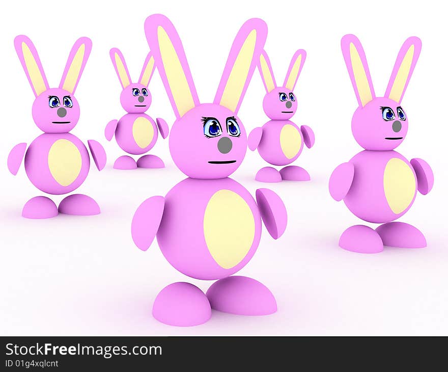 3d render of group of pink rabbits.