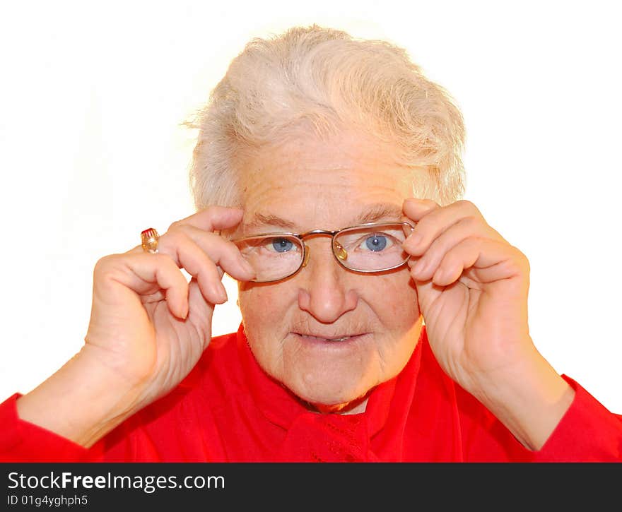 A portrait of elderly woman is in red