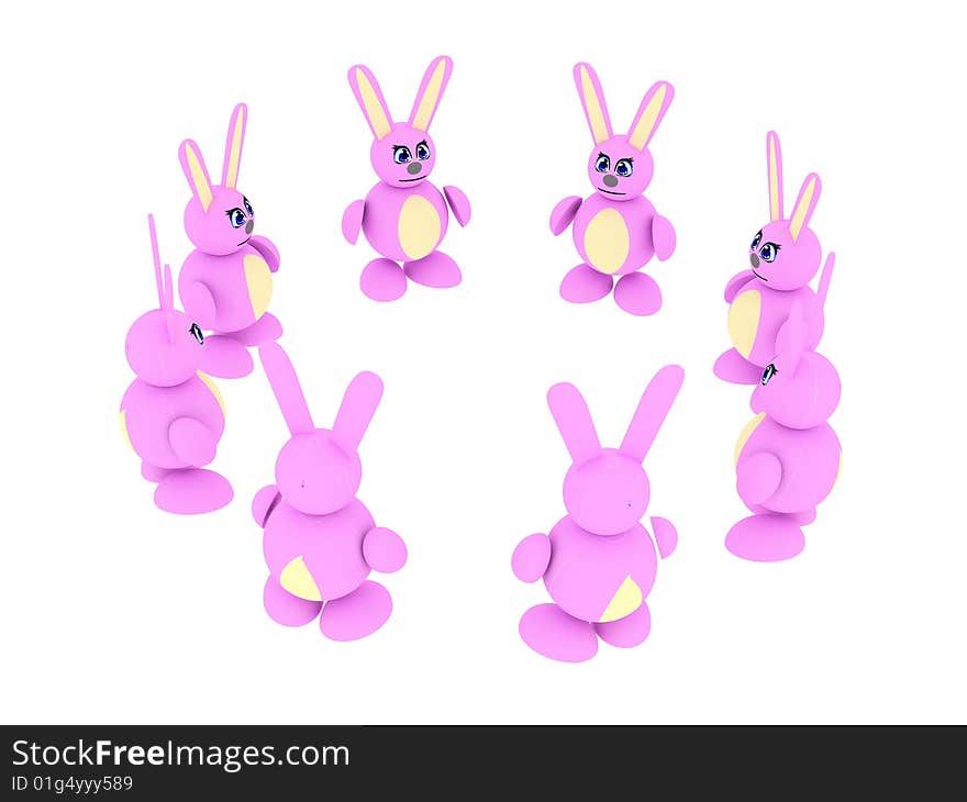 3d render of group of pink rabbits.