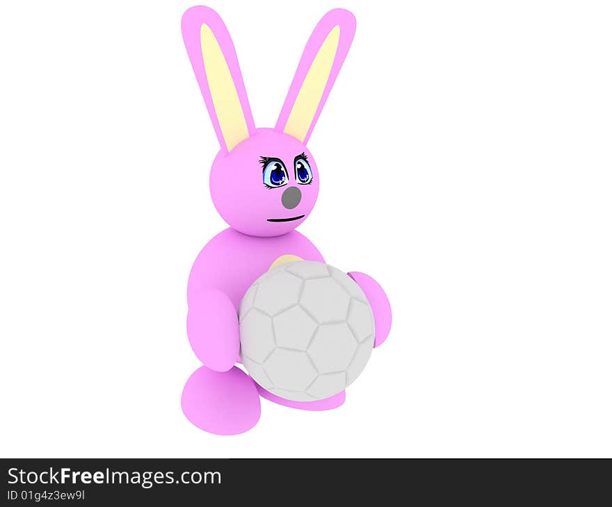 3d render of pink bunny with soccer ball. Isolated on white background.