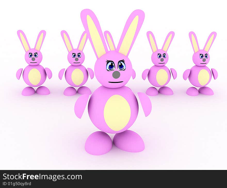 3d render of leader of pink rabbits.