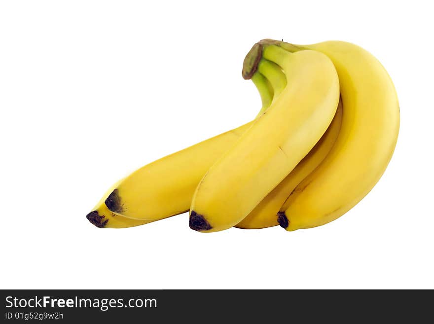 Five ripe bananas of yellow colour. The isolated object. A white background.