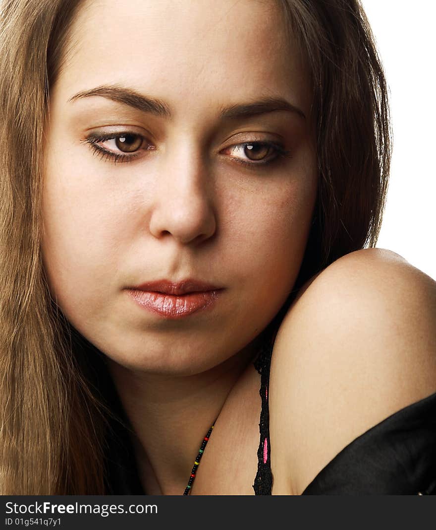 Portrait of young beautiful woman over white background