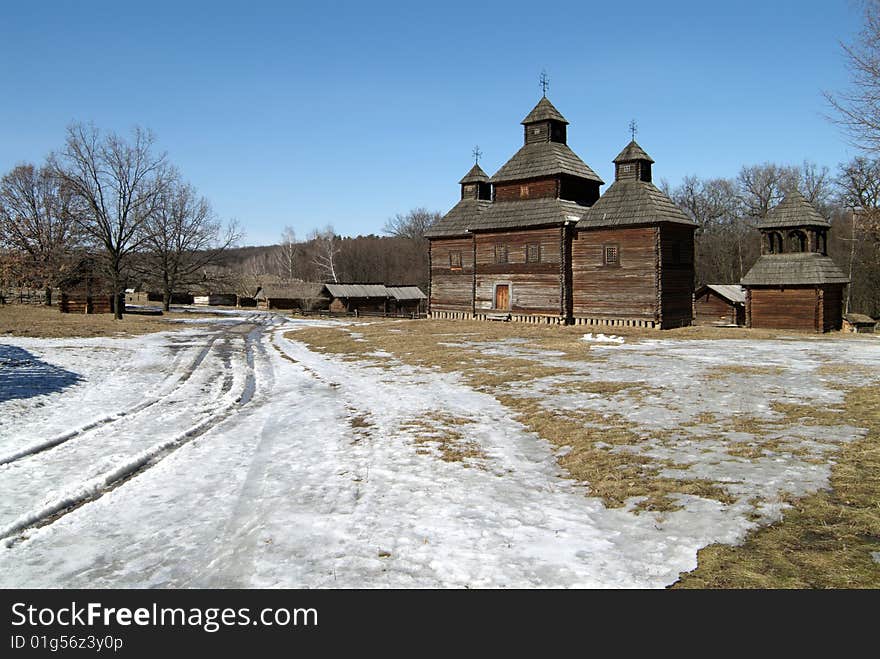 Winter landscape with old church. Winter landscape with old church.