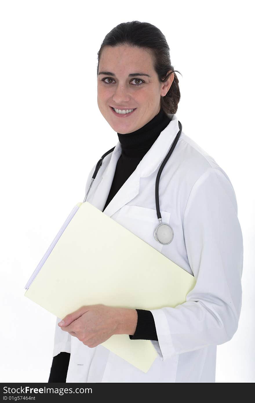 A beautiful female medical healthcare doctor wearing a stethoscope and carrying a notebook. A beautiful female medical healthcare doctor wearing a stethoscope and carrying a notebook