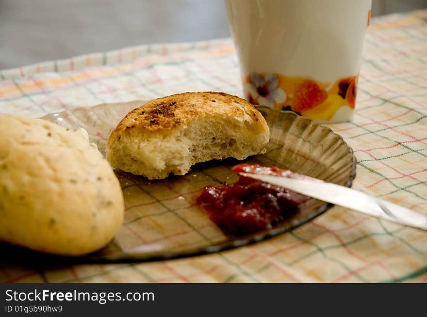 Breakfast with strawberry and buns