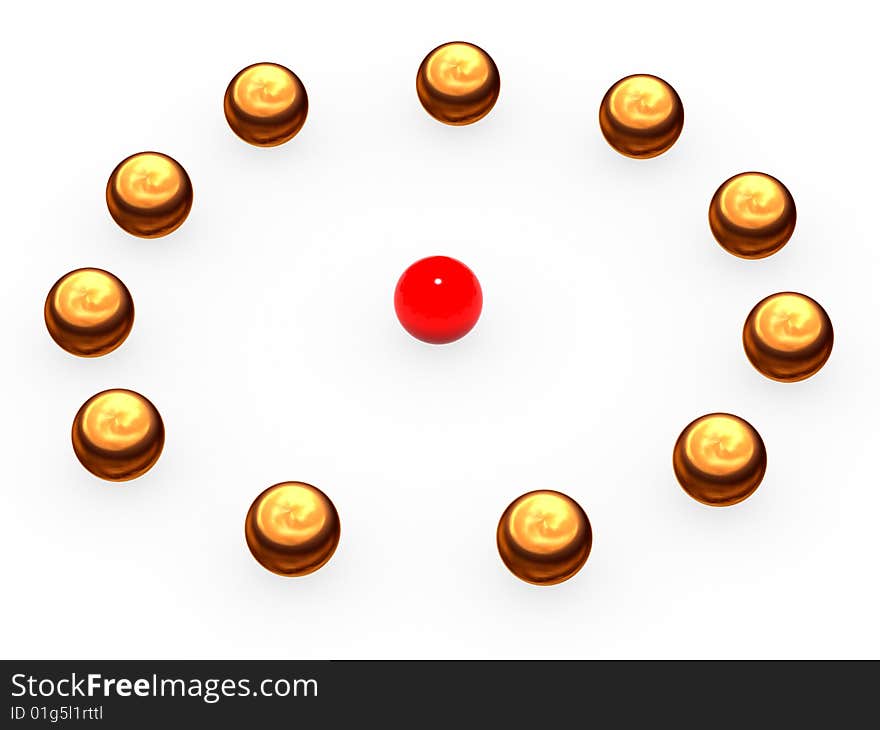 Gold spheres laid out on a circle.