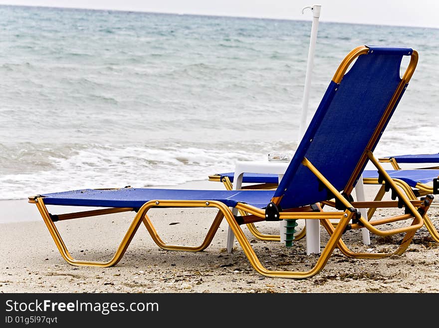 View of a beach in Greece with sunbeds