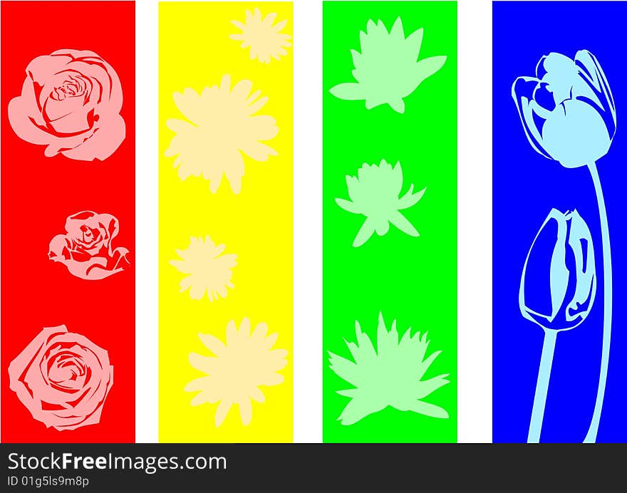 Four vertical bands of color with silhouettes of flowers. Four vertical bands of color with silhouettes of flowers.