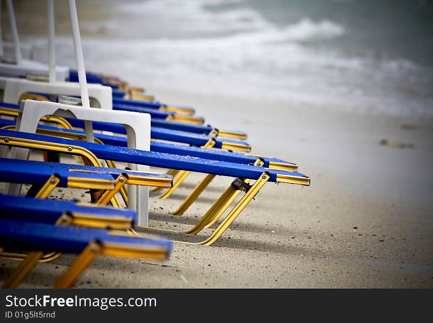 Beach in Greece with sunbeds